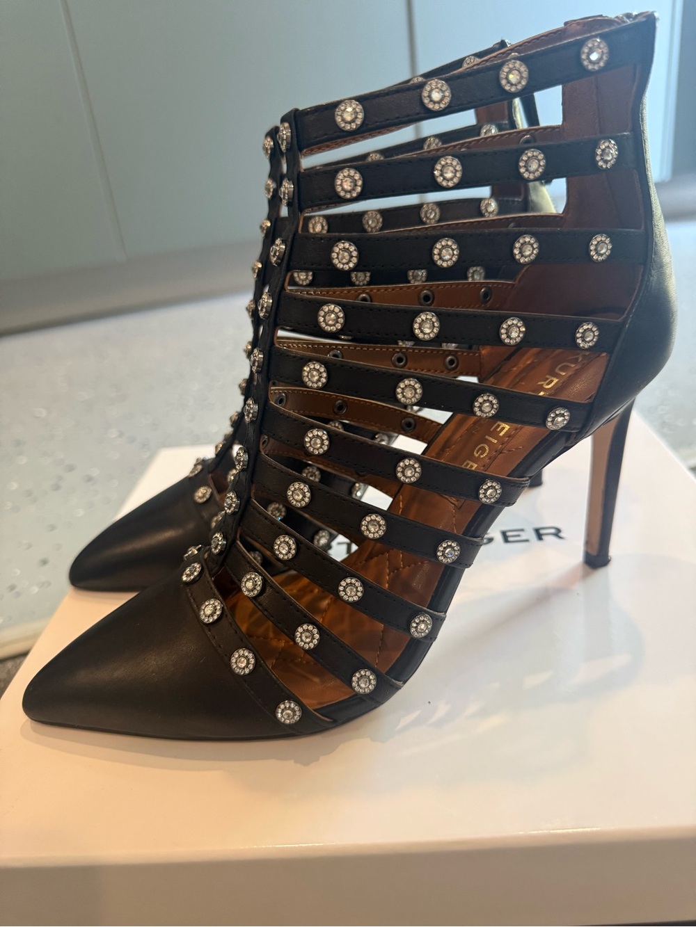 Kurt Geiger Black Crystal-Studded Strappy Pointed-Toe Stilettos
